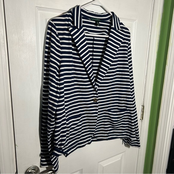 Lauren Ralph Lauren LRL Navy Striped Cotton Blazer Size XL Gold Button Details - Picture 2 of 12